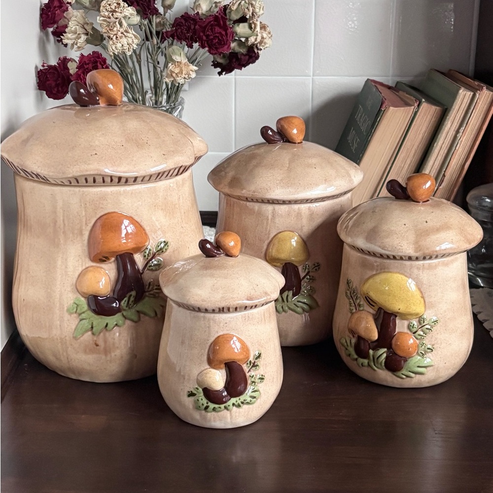 Vintage Merry Mushroom Style Ceramic Canister Set - 8 Piece